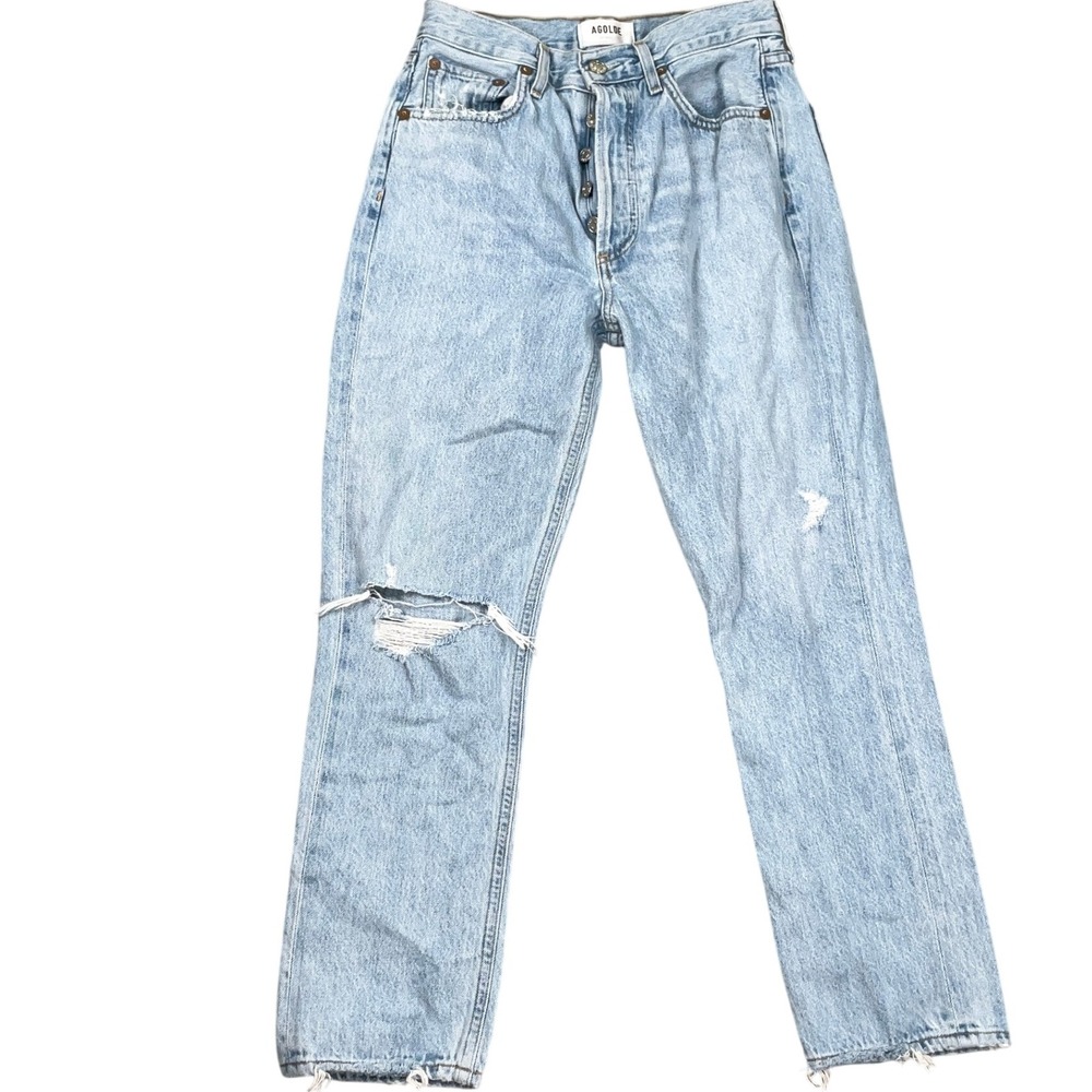 AGOLDE LA Jeans Women 25 Fade Blue Button Fly Ripped Knee High Denim‎ USA VTG